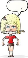 Cartoon-Frau mit Messer zwischen den Zähnen mit Sprechblase vektor