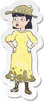 Retro-Distressed-Aufkleber einer Cartoon-Frau in schlammigem Kleid vektor