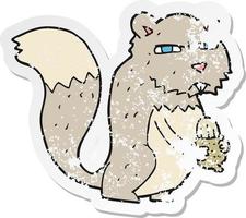 Retro-Distressed-Aufkleber eines Cartoon-Eichhörnchens mit Nuss vektor