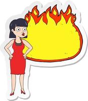 Aufkleber einer Cartoon-Frau im Kleid mit Händen an den Hüften und Flammenbanner vektor