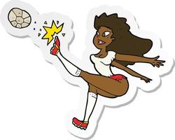 klistermärke av en tecknad serie kvinna fotboll spelare sparkar boll vektor