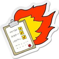 klistermärke av en tecknad serie checklista brinnande vektor