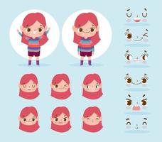 kleines Mädchen Charakter mit verschiedenen Köpfen und Gesichtern gesetzt vektor