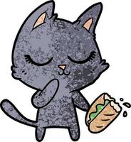 lugna tecknad serie katt med tanke på delning en baguette vektor