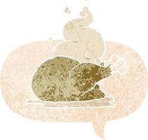 tecknad serie kokta kyckling och Tal bubbla i retro texturerad stil vektor
