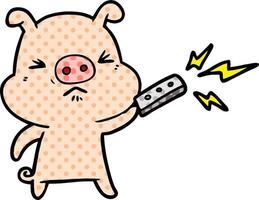 mürrisches schwein der karikatur mit fernbedienung vektor
