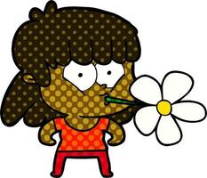 tecknad serie flicka med blomma i mun vektor