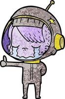 weinendes astronautenmädchen der karikatur, das daumen hoch macht vektor