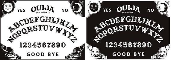 Grafikvorlage inspiriert von Ouija-Brett. schwarz-weiße symbole von mond, sonne, texten und alphabet. gotische typografie. Geister- und Dämonenrufspiel. vektor