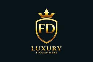 Initial fd elegantes Luxus-Monogramm-Logo oder Abzeichen-Vorlage mit Schriftrollen und Königskrone – perfekt für luxuriöse Branding-Projekte vektor