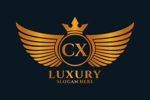 luxus königlicher flügelbuchstabe cx wappengoldfarbe logovektor, siegeslogo, wappenlogo, flügellogo, vektorlogovorlage. vektor