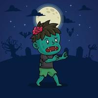 besatt söt tecknad serie zombie manlig i halloween fullmåne midnatt skrämmande läskigt vektor