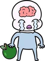 tecknad serie stor hjärna utomjording med äpple vektor