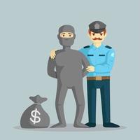 Polizist fängt einen Dieb mit einem Sack Geld vektor