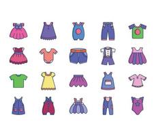 Kinderkleidung und Kleider-Icon-Set vektor