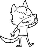 freundlicher Karikaturwolf, der Friedenszeichen macht vektor