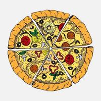 färsk pizza.traditionell italiensk snabb mat. mat med en se från ovan. europeisk aptitretare. isolerat ljus bakgrund. vektor illustration dragen förbi hand.