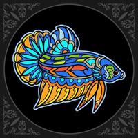 bunte Betta-Fisch-Mandala-Kunst isoliert auf schwarzem Hintergrund vektor