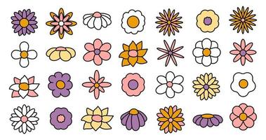 Sammlung einfacher blühender Blumen im psychedelischen Hippie-Stil der 1970er Jahre. satz grafischer aufkleber im retro-design. grooviger hintergrund. bearbeitbare strich isolierte vektorillustration vektor