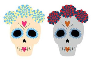 uppsättning av socker skallar med en krans av blommor. dia de los muertos. Mexiko. klistermärke. dag av de död- vektor