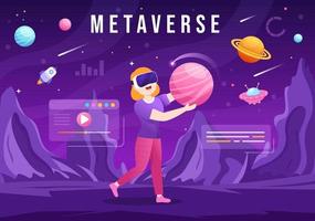 metaverse digitale virtual-reality-technologie trägt eine vr-brille für zukünftige innovationen und kommunikation in handgezeichneten flachen cartoon-illustrationen vektor