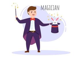 Zauberer-Illusionist, der Tricks beschwört und einen Zauberstab über seinem mysteriösen Hut auf einer Bühne in Schablone handgezeichneter Cartoon-Flachillustration schwenkt vektor