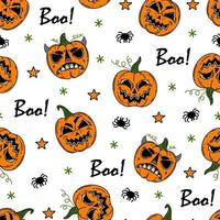Helle Halloween-Kürbisse nahtloses Vektormuster. Jack-Laterne isoliert auf weißem Hintergrund. lächelnde und gruselige Gesichter auf einem Gemüse. flacher karikaturhintergrund für tapeten, stoffe, verpackungen, drucke vektor