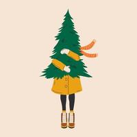 Mädchen mit Weihnachtsbaum auf weißem hintergrund isoliert. Vektor-Illustration vektor