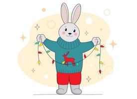 rolig kanin i Tröja innehav jul krans vektor