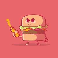 wütender burger, der gewürzflaschen hält, vektorillustration. lebensmittel, marke, lustiges designkonzept. vektor