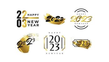 satz von 2023 guten rutsch ins neue jahr-logo-textdesign mit goldener bürste. 2023 frohes neues Symbol isoliert auf weißem Hintergrund. verwendbar für Etikett, Kalenderdesign oder Feierkarte vektor