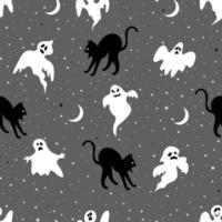 sömlös halloween mönster. vektor illustration av halloween fest. svart katt och spöken på en grå bakgrund.