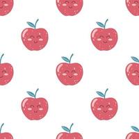 Nahtloses Muster mit süßer Apfel-Kawaii-Frucht mit fröhlichem Gesicht im flachen Stil. hand gezeichnete vektorillustration des kinderkarikaturhintergrundes für verpackungspapier, stoffdruck, abdeckung, kartendesign vektor