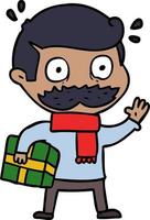 Cartoon-Mann mit Schnurrbart und Weihnachtsgeschenk vektor