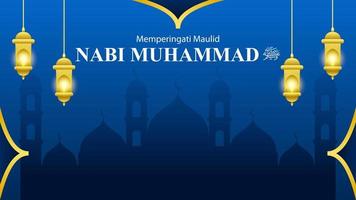 glücklicher mawlid nabi muhammad sah mit moschee im blauen hintergrund vektor