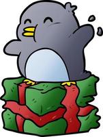 Cartoon-Pinguin auf verpacktem Geschenk vektor