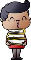 tecknad serie skrattande pojke bärande böcker vektor