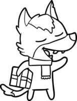 Cartoon-Wolf mit Weihnachtsgeschenk lachen vektor
