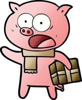Cartoon-Schwein mit Weihnachtsgeschenk vektor