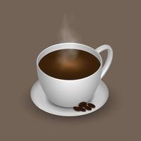 svart kaffe, med vit kopp och fat, realistisk med rök och kaffe bönor, vektor illustration 3d