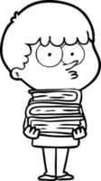 Cartoon neugieriger Junge mit vielen Büchern vektor