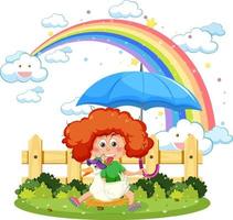 ein Mädchen mit ihrer Ente auf Regenbogen am Himmel vektor