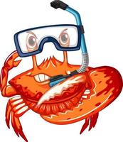 söt krabba tecknad serie karaktär bär snorkling glasögon vektor