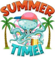 Oktopus-Cartoon-Figur mit Sommerzeit-Wort vektor