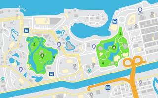platt stad navigering Karta, gator parker och flod med topp se. vektor illustration