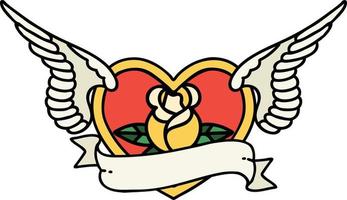traditionell tatuering av en flygande hjärta med blommor och baner vektor