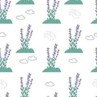 süßes lavendelmuster mit wolke und regen, flache vektorillustration auf weißem hintergrund. handgezeichnete Blumentapete mit Blumen und Pflanzen. elegante Kräuter der Provence. vektor