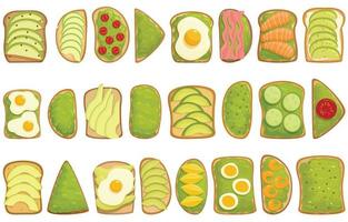 Avocado-Toast-Symbole setzen Cartoon-Vektor. Brotscheibe vektor