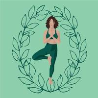 affisch, de flicka är engagerad i yoga, yoga, ljushyad, ljus grön bakgrund, kvistar av löv. vektor illustration