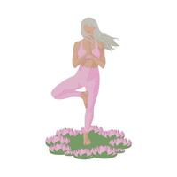 affisch, flicka håller på med yoga, yoga, ljus hyad, blond, vit bakgrund. rosa blommor, vind. vektor illustration, rosa kostym